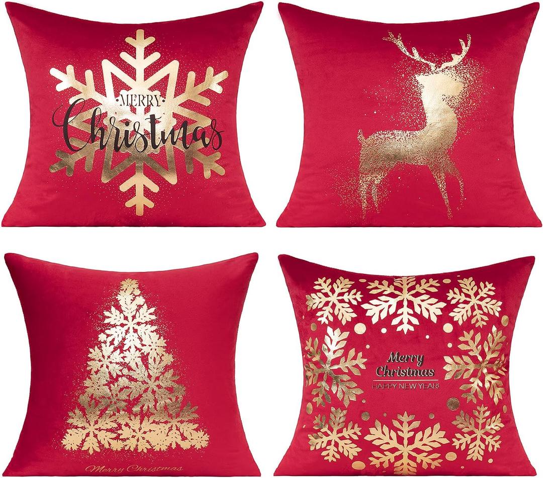 All Smiles Red Gold Christmas Decorations Throw Pillow Covers Cases 20X20 Set of 4 Turquoise Xmas Indoor Home Dcor Ornaments Velvet Navidad Cushion for Sofa Couch Tree Snowflake