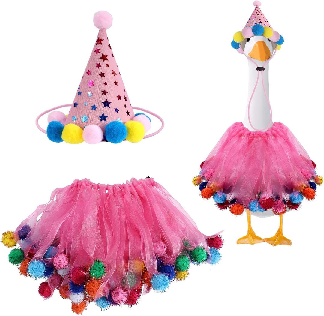 BOXOB Birthday Porch Goose Outfit, Cute Conical Hat and Gauze Skirt Costume for 17 Inch 23 Inch Cement & Plastic Goose Garden Lawn Yard Decoration (Pink)