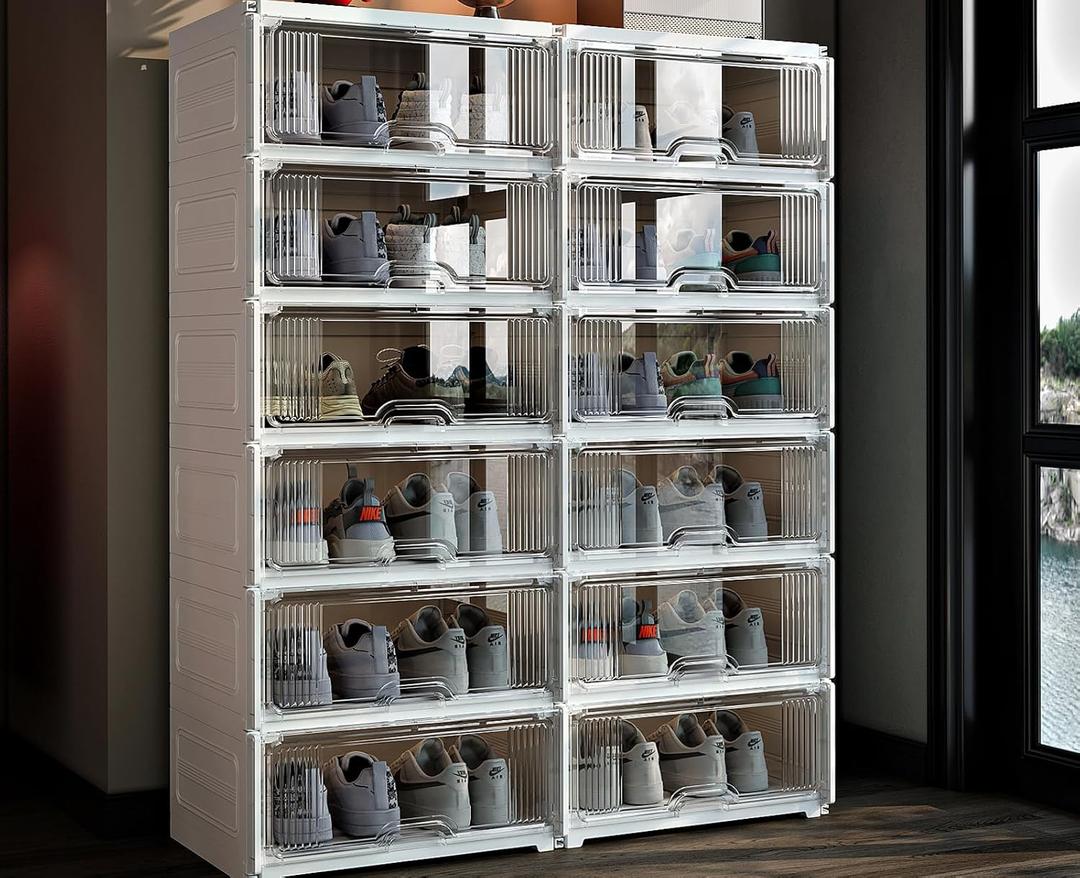 MAGINELS Wide-Width Shoe Rack Organizer for Large-Sized Shoes, Thickened Material with Better Quality,Stackable Sneaker Storage Cabinet,Easy Assembly,with Clear Door (6 Tier 24 Pairs) (2 by 6)