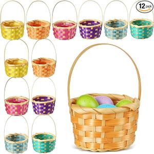 Remerry 12 Pcs Mini Woven Baskets Bulk with Handles, Colorful Small Woven Baskets for Crafts, Tiny Gift Basket for Party Favors, DIY Crafts, Spring Decor, Easter Egg Hunt