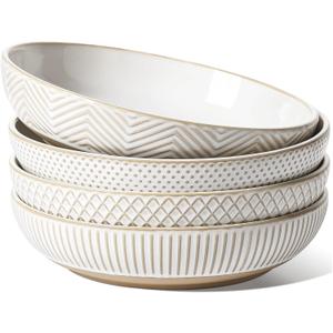 LE TAUCI Pasta Bowls 46oz, Large Salad Bowl, Ceramic Serving Plate, House-warming Wedding Present, Embossment Stoneware Bowl for Fruits, Noodle, Dinner - 9 Inch, Set of 4, Arctic White