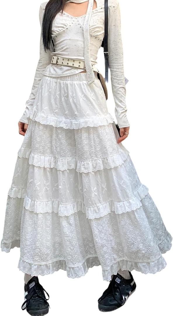 White Lace Maxi Skirts for Women Fashion A-Line High Waist Flowy Ruffle Tiered Boho Long Novelty Skirt (Medium)