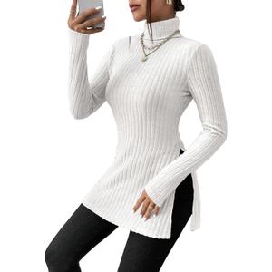 SOLY HUX Women's Long Sleeve Tops Casual Basic Turtle Neck Split Hem T-Shirts Fitted Tees (White, M)