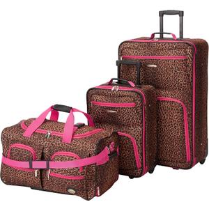 Rockland Vara Softside 3-Piece Upright Luggage Set, Pink Leopard, 3-Piece Set (20 inch/28 inch/22 inch Duffel)