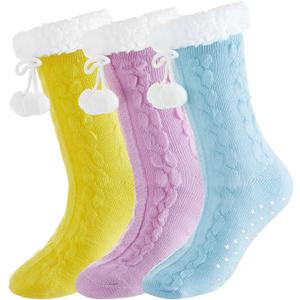 ramede Womens Fuzzy Slipper Socks with Gripper Winter Pastel Cozy Non Slip Winter Lined Warm Thick Soft Socks Gift (Yellow Purple Blue)