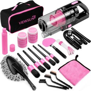 Viewsun 17pcs Car Cleaning Kit, Pink Car Interior Detailing Kit with High Power Handheld Vacuum, Detailing Brush Set, Windshield Cleaner, Cleaning Gel, Complete Auto Accessories for Women Gift