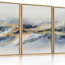Large Abstract Navy Blue Gold Framed Canvas Wall Art,Watercolor Brush Stroke Wall Decor,Neutral Geometric Wave Artwork,Modern Minimalist Shape Art Print for Living Room,Bedroom,Office-24"x36"x3