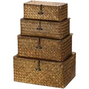 Woanger Set of 4 Wicker Storage Baskets Organizer，Handwoven Storage Bins with Lid for Organizing, Home Utility Box for Home Office Supplies Multipurpose Container(Retro Color)