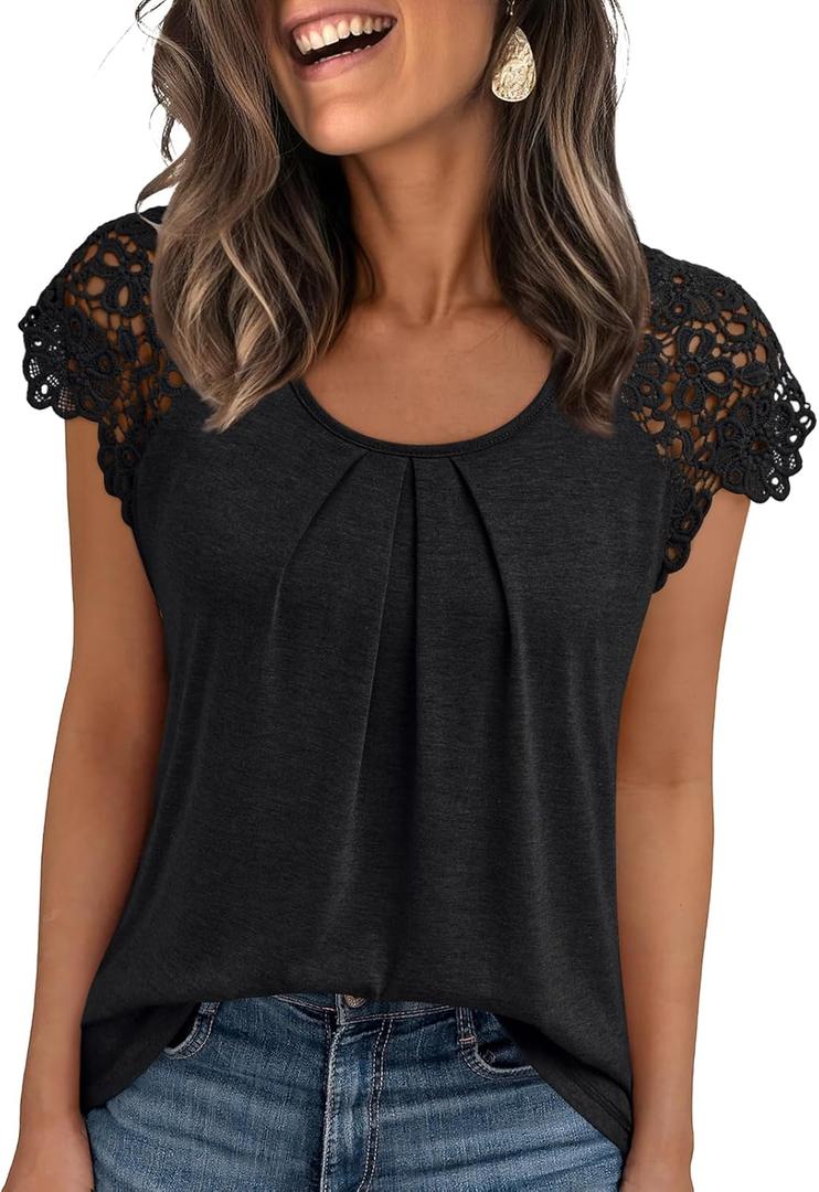 AUTOMET Womens Lace Tops Pleated Short Sleeve Shirts Summer Business Casual Dressy Blouses (X-Large, Black) AUTOMET Womens Lace Tops Pleated Short Sleeve Shirts Summer Business Casual Dressy Blouses (X-Large, Black)
