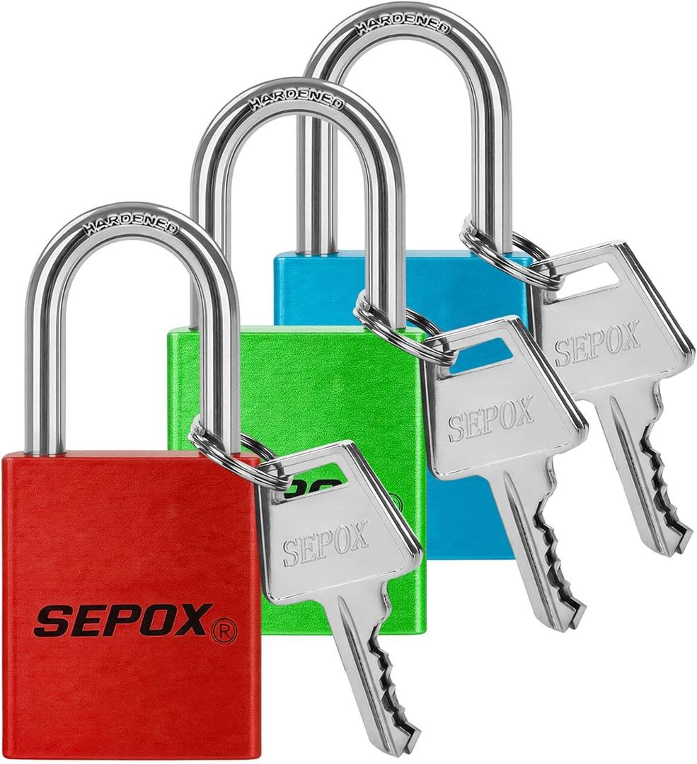 SEPOX Trinity Out-Door Padlock Key-Alike Water-Proof Solid-Aluminum, 1.5" 38mm Heavy-Duty Pack of 3 Pcs RGB Locks with Brass Cylinder Long-Shackle for Boat, Fishing, Marine, Fence, Safety Lock