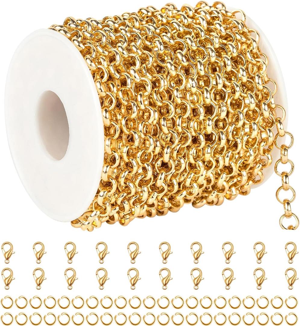 YOUBEIYEE 10 Meters Gold Plated Chain for Jewelry Making, Aluminum Rolo Necklace Chain for Men and Women Lightweight Craft Chain Roll