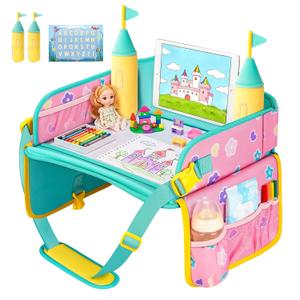 MENZOKE Car Seat Tray with 2 Removable Castle Towers, Carseat Tray for Toddler Girls Gifts Age 45, Kids Travel Tray for Kids,Foldable Snack Table with Storage Pockets for Road Trip,Pink & Green