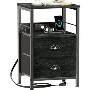 Furologee Nightstand with Charging Station, Black Night Stand with 2 Fabric Drawers, Side Table with USB Ports, End Table with Storage Shelf, for Living Room/Bedroom, Black Oak (1 pc)