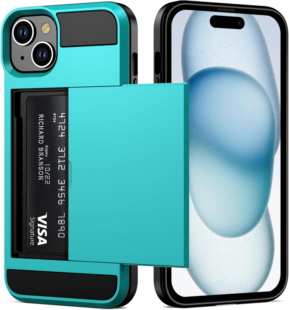 Vofolen Case Compatible with iPhone 15 with Card Holder, Dual Layer Shockproof Wallet Phone Case Hidden Card Slot Sliding Protective Hard Shell Back Cover Slim Case for iPhone 15, 6.1 Inch Sky Blue