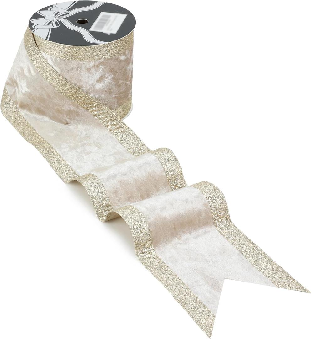 4" Champagne Christmas Crushed Velvet Wired Ribbon with Champagne Gold Glitter Stripe Edges - 10 Yards Roll for Christmas Tree, Gift Wrapping, Wreaths, Holiday Crafts & Dcor
