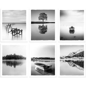 Color Play Nature Landscape Prints Wall Art Lake Scene Pictures Black and White Boat Pier Artwork Forest Tree Mountain Photography for Home Wall Decor UNFRAMED 8x10 Inch 6 Piece (Lake Theme 02)