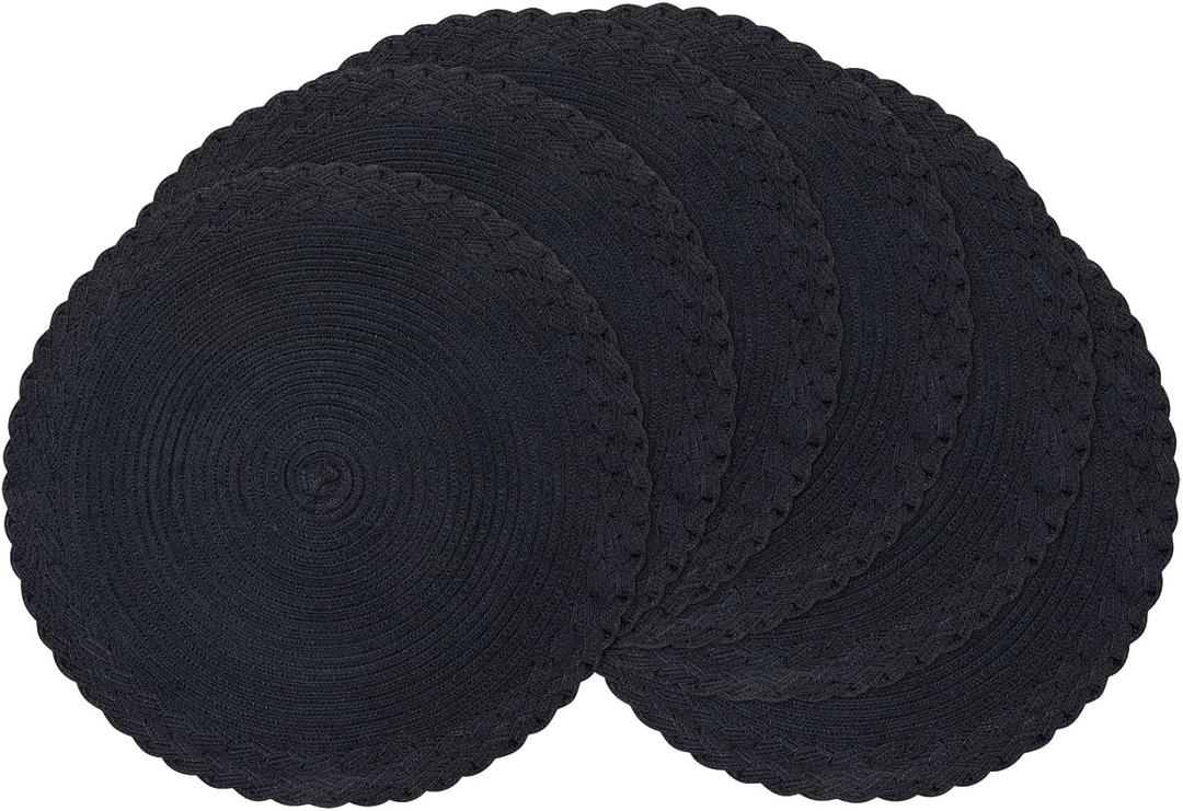 SHACOS Round Placemats Set of 6 Woven Round Table Mats 15 inch Braided Border Washable Cotton Polyester Circle Place Mats, Black