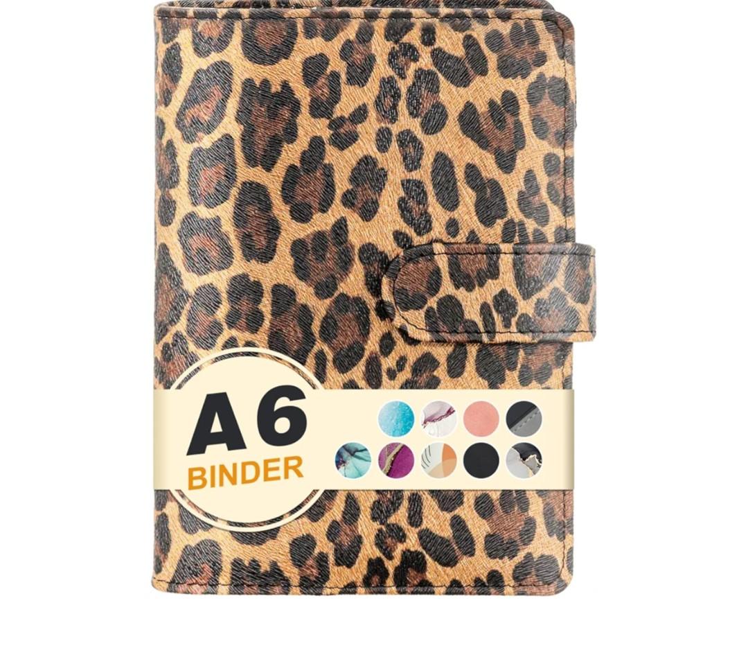 A6 Refillable 6 Ring Faux Leather Budget Binder,Mini Notebook Binder Cover for A6 Filler Paper,Loose Leaf Personal Planner Cover with Magnetic Buckle Closure (Leopard)