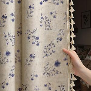 Boho Floral Spring 100% Blackout Curtains 53" x 84" 2 Panels Set, Linen Texture Farmhouse Curtains with Beige Tassel for Living Room Bedroom, Vintage Rustic Rod Pocket, Dark Blue