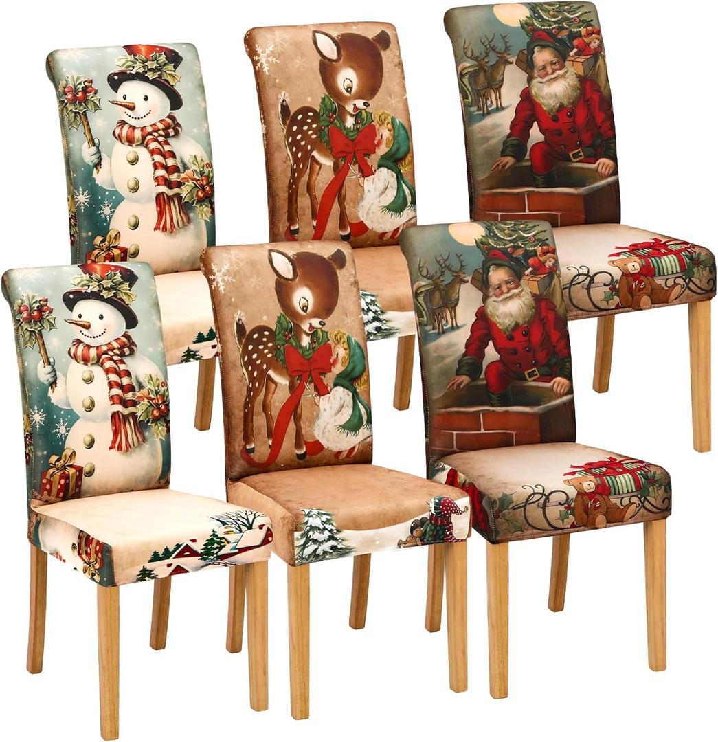 6 Pieces Christmas Dining Chair Covers Removable Washable Stretch Christmas Chair Covers with Santa Claus Elk Snowman Chair Protector Slipcovers for Xmas Kitchen Holiday Party Home Decor