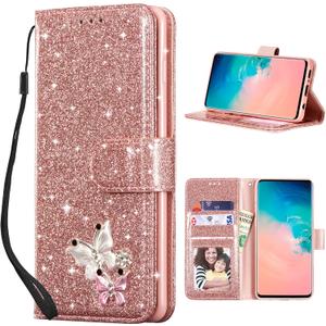UEEBAI Wallet Case for Samsung Galaxy S10 Plus, Glitter PU Leather Phone Case Card Slots Kickstand Case Magnetic Closure Bling Flip Case Shockproof Hand Strap Flip Cover - Rose Gold