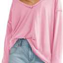 Tankaneo Womens Oversized Long Sleeve Shirts Deep V Neck Fall Tops Casual Loose Fit Tunic Basic Tees (Pink)