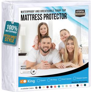Utopia Bedding Waterproof Mattress Protector King Size, Premium 200 GSM Terry Mattress Cover, Soft & Breathable Bed Cover, Fitted Sheet Style with Stretchable Deep Pockets 17" (White)