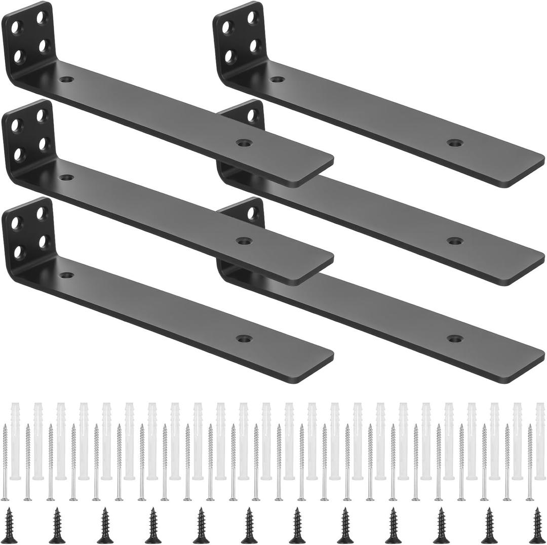 6 Pack Heavy Duty Floating Shelf Brackets 8 Inch, 150LB Load Capacity Hidden L Shelf Support, Black Metal Wall Mount Brackets with Screws & Anchors for Wood, Drywall, Concrete