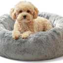 JOLLYVOGUE Small Dog & Cat Beds for Indoor Cats - 20 inches Calming Donut Dog Bed for Kittens & Puppies, Washable Round Fluffy Plush Faux Fur Pet Beds (Smoke Grey)