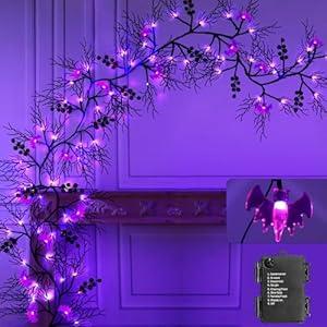 TURNMEON Extra Long 9 Ft 72 LED Halloween Willow Vine Twig Decor Garland with 24 Purple Bats Lights 8 Modes Timer Waterproof Battery Operated Halloween Decorations Home Wall Fireplace