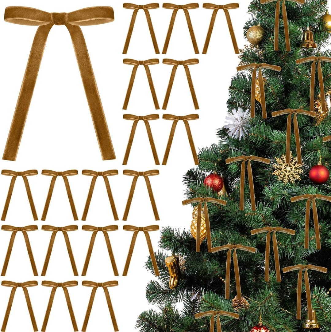 Khaki 24 Pcs Velvet Bows Christmas Tree Ornaments Valentines Day Bows Decoration for Garland Home Coquette Wedding Decor (5 x 7 Inch,Width of 5/8")
