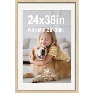 24x36 Poster Frame, Oak Wood with Plexiglass, 20x30 Mat, 1 Pack