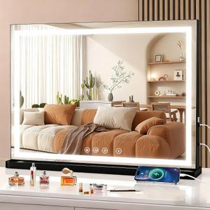 halumao Vanity Mirror with Lights, 31.5" x 23.6" Large Makeup Mirror with LED Lights, Smart Touch Dimmable 3-Color Light, Memory Function, USB Charging Port