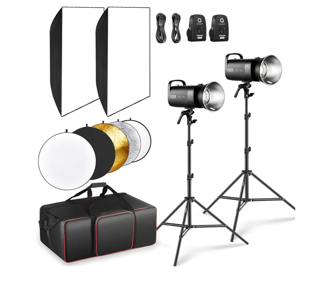 NEEWER S102-400W PRO Flash Lighting Kit (2 Pack) with 2X 2.4G Trigger, 2X Photography Light Stand, 2X Softbox, 5 in 1 Reflector, Bag, 400Ws GN62 5600K 30W LED Modeling Lamp Bowens Mount Silent Fan