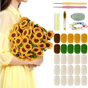 Haorino Sunflower Crochet Blanket Kit for Beginners, DIY Crochet Kit with Soft Yarn & Video Tutorials, Easy Handmade Gift for Adults, Valentines Day, Mothers Day
