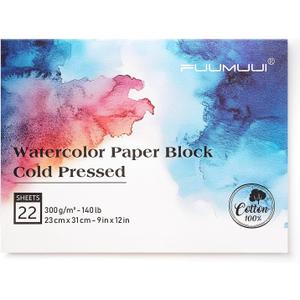 Watercolor Paper Block 9x12 Inch, Fuumuui 100% Cotton Paper Pad, 22 Sheets, Cold Pressed, Acid-Free, 140 lb/300gsm for Painting, Drawing, Art Journaling, Professional Artist Quality
