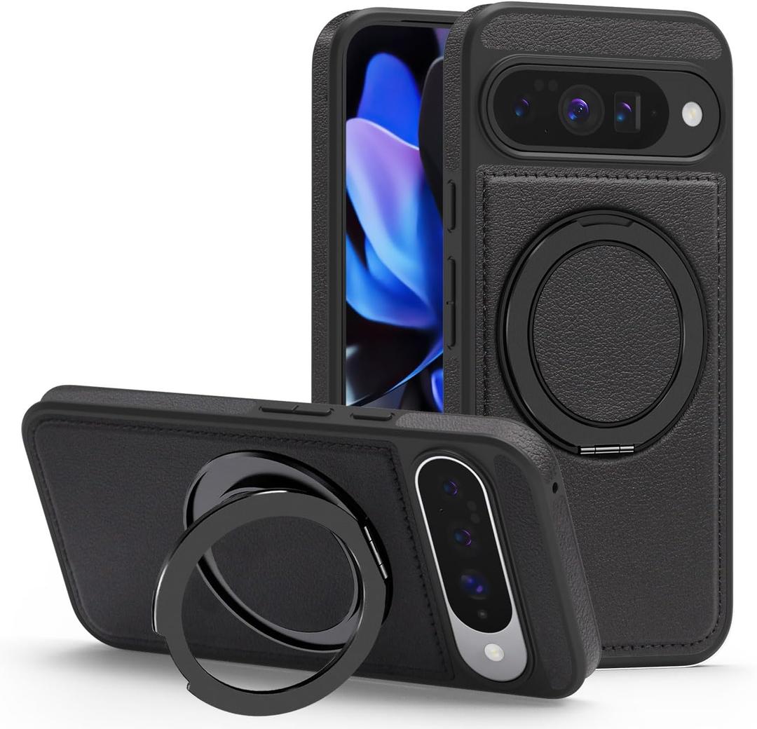 Magnetic Case Designed for Google Pixel 10/Pixel 10 Pro Premium PU Leather 360 Degree Rotatable Ring Stand Rugged Shockproof Phone Cover for Pixel 10/10 Pro (Black)