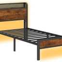 Twin Bed Frame with Charging Station and LED Lights,Heavy Duty Platform Beds Twin Size with Storage Headboard,USB Port,Rustic Wood and Strong Metal Support,No Box Spring Needed, Noise Free