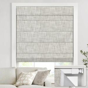 No Drill Cordless Roman Shades for Windows, 33" W 64" H - 100% Blackout - Linen - Beige