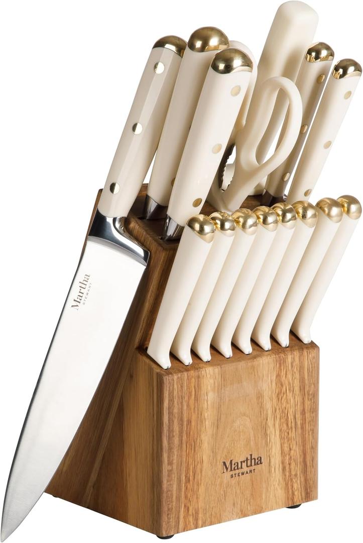 Martha Stewart 16 Piece Lockton High Carbon Stainless Steel Cutlery Kitchen Knife Block Set W/ABS Tripe Riveted Forged Handle Acacia Wood Block - Linen White W/Gold