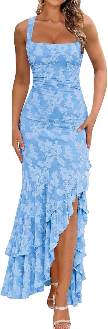BORIFLORS Women's Elegant Ruched Floral Maxi Wedding Guest Dress,  M