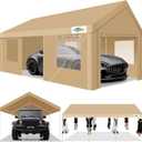 COBIZI 12x20ft Carport Heavy Duty, Portable Garage with 4 Removable Sidewalls, Ventilated Windows & Built-in Sandbags, Car Canopy for Truck, Boat, SUV with All-Season Tarp, Waterproof, Khaki