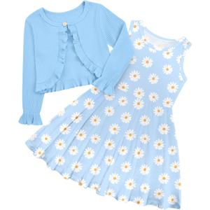 Toddler Girl Sleeveless Dresses and Long Sleeve Ruffle Cardigan 2 Piece Fall Outfits for 2-8T (Blue)