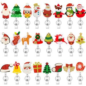 Honoson 24 Pcs Christmas Badge Reel Retractable Holiday Felt Name Badge Holder with Clip Santa Claus Snowman Penguin Elk Gingerbread Man Xmas Tree Holder ID Reels for Teacher Nurse Doctor(Classics)