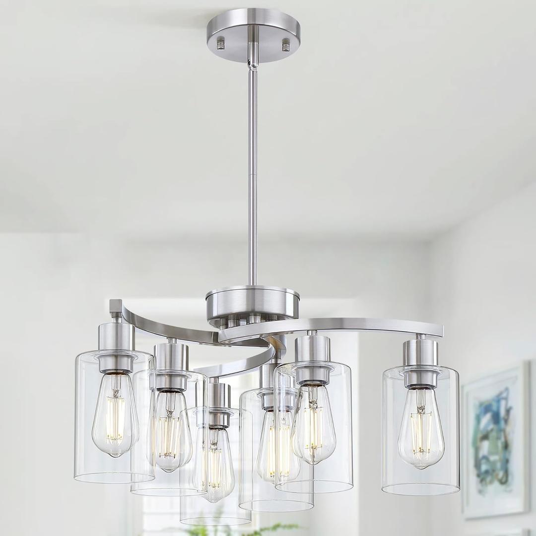 6-Light Modern Chandelier, Brushed Nickel Dining Room Light Fixture, Farmhouse Industrial Chandelier Hanging Over Table, Height Adjustable Pendant Lighting for Kitchen Island Foyer, Clear Glass Shade