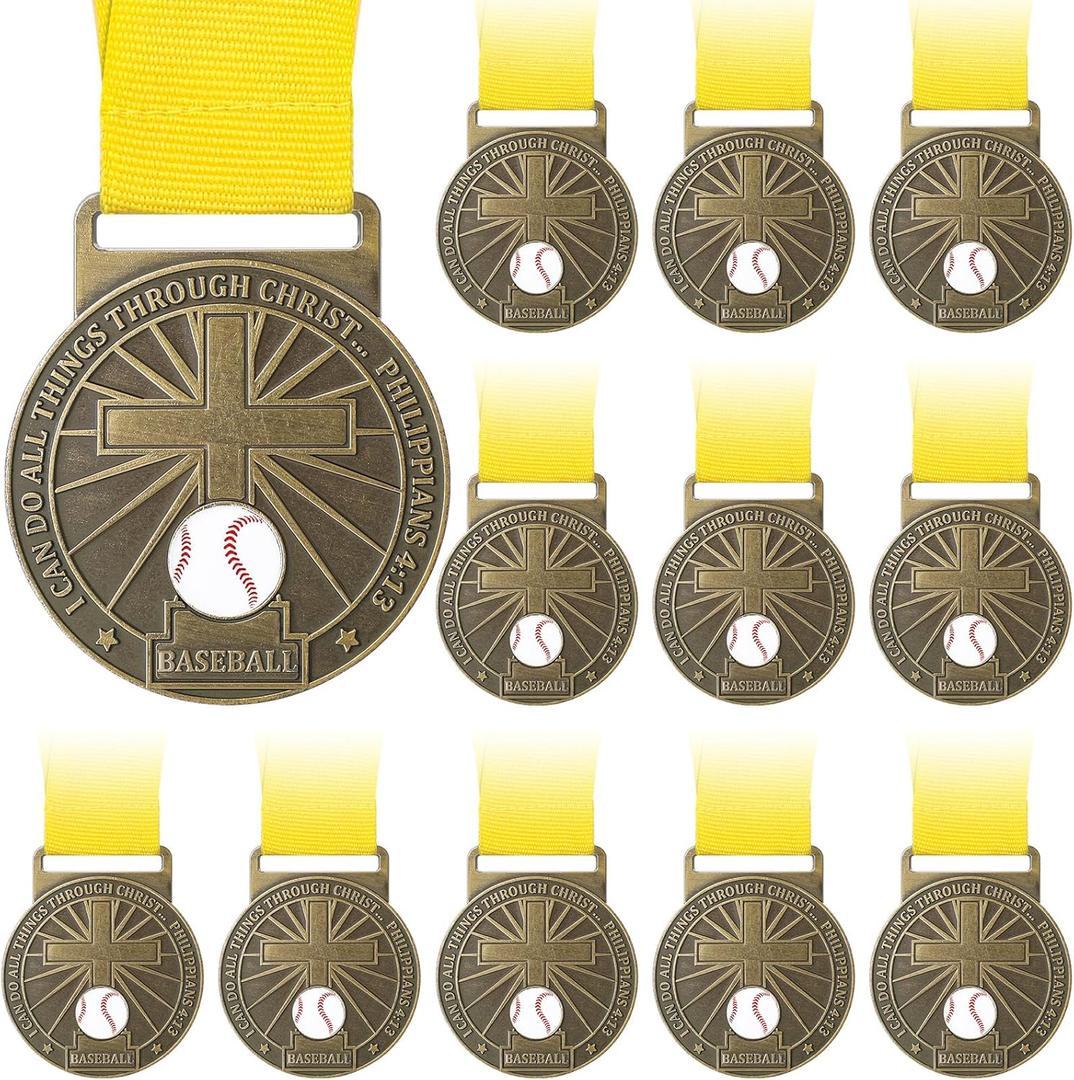 24 Pcs Christian Sports Medals Gift for Baseball Player 1.77 Religious Bible Verse Athlete Sports Gold Medals I Can Do All Things Through Christ Challenge Philippians 4:13 for Team Players