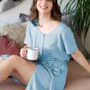 Mad Dog Women's Night Shirts - Soft Waffle Knit Womens Sleep Shirts, Short Sleeves Button-Up Pajamas Nightgowns Sleep Dress (XX-Large, Blue)
