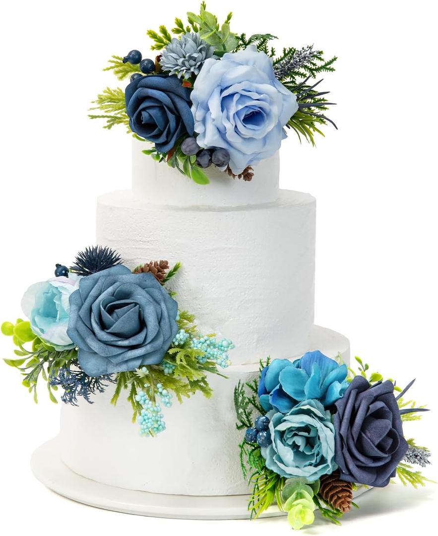 TINGE TIME 3Pcs Wedding Cake Topper Pre-made Set, Navy Blue Artificial Wedding Cake Flower for Reception & Anniversary, Silk Floral Wedding Toppers for Cake, Valentines Cake Topper Decorations, 4.8 inches x 2 inches
