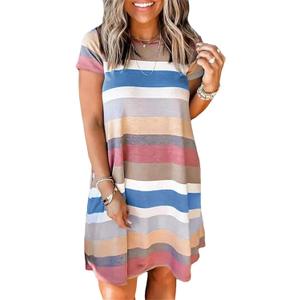 Melliflo Womens Short Sleeve Striped T Shirt Dress Round Neck Color Block Midi Dress Casual Pocket Dress (S)