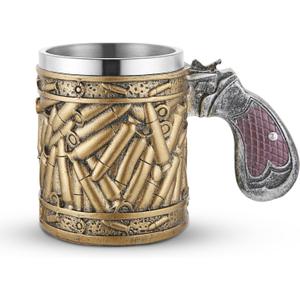 Revolver Handle Bullet Shell Texture Beer Glass For Men Women Stainless Steel Resin Western Military Style Mug Holiday Decoration And Gifts
